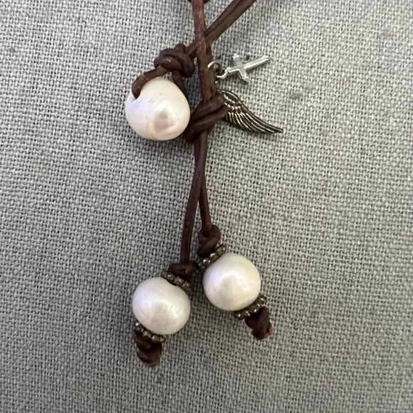 Genuine Brown Leather and White Pearl w Cross w Feather Necklace - Picture 6 of 6